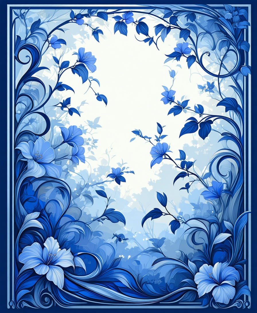 Blue Floral Curving Vines Pattern Rug