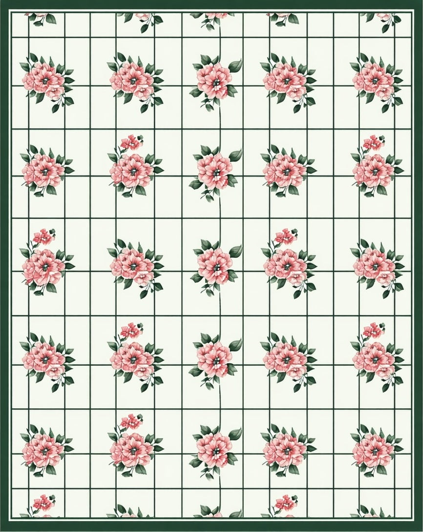 Grid Floral Patterned Pink Blossoms Rug