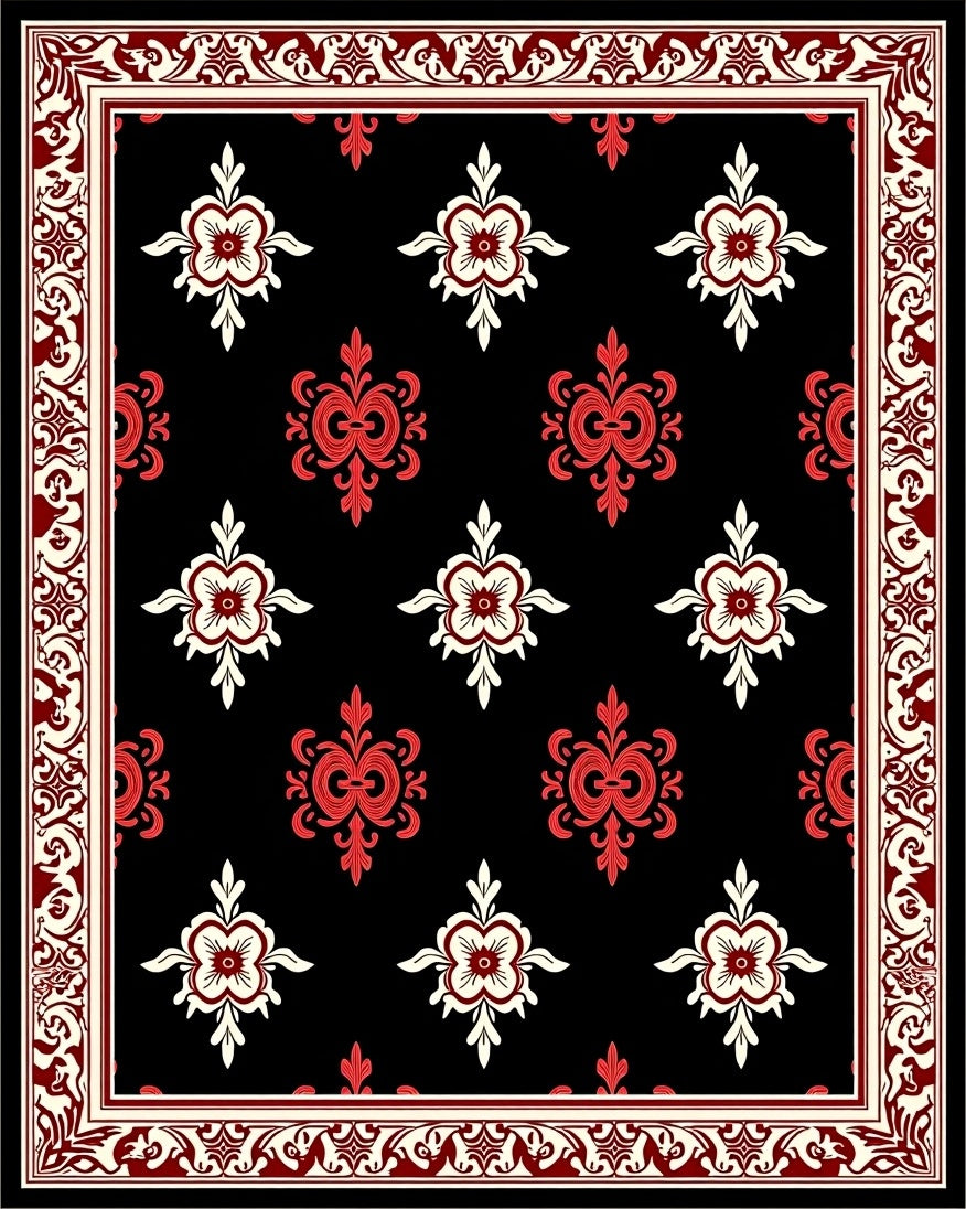 Rich Black Crimson Floral Medallion Border Rug