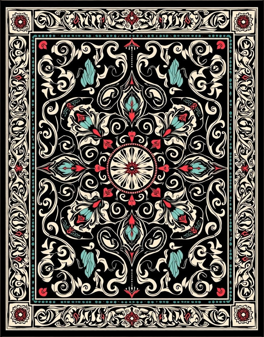 Ornate Black Floral Medallion Pattern Rug