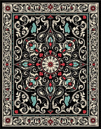 Ornate Black Floral Medallion Pattern Rug