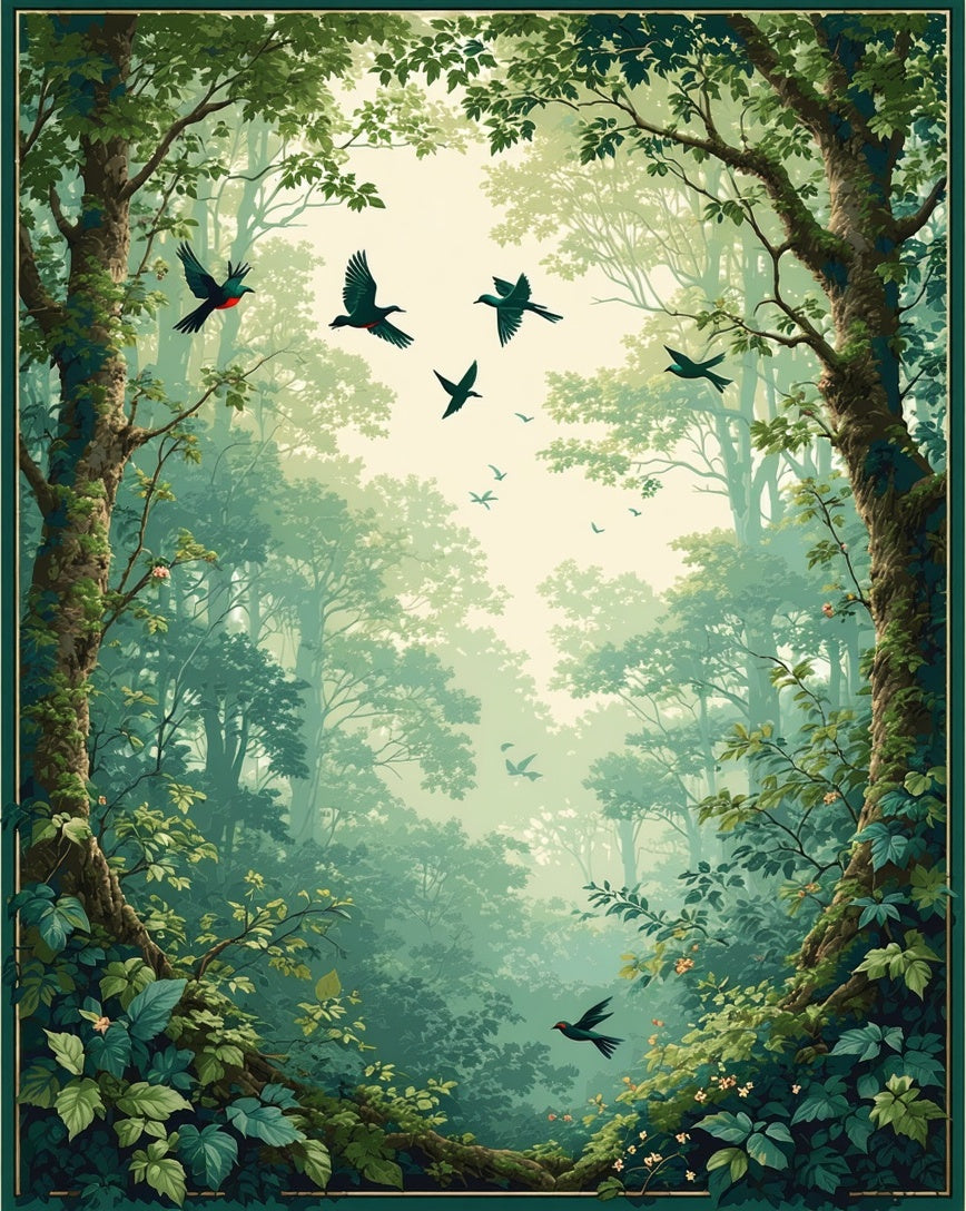 Enchanted Forest Bird Flock Pattern Rug