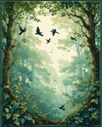Enchanted Forest Bird Flock Pattern Rug