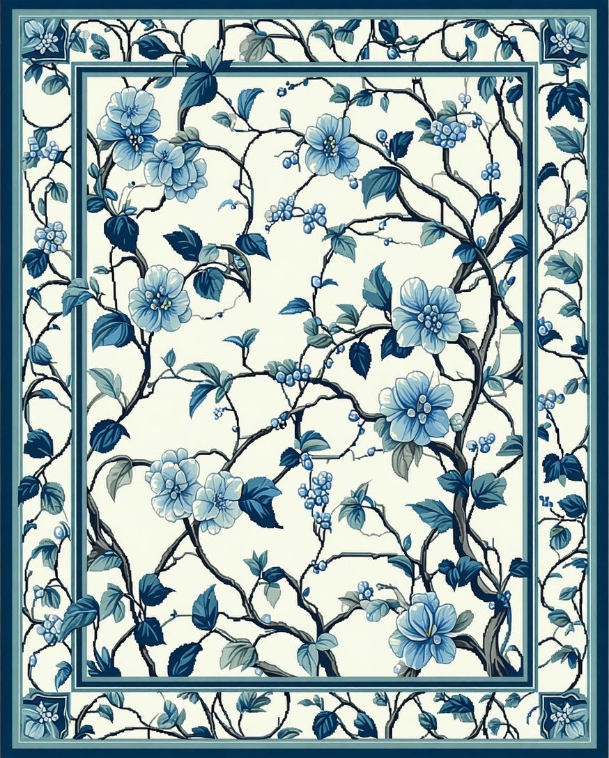 Blue Floral Branch Pattern Design Rug