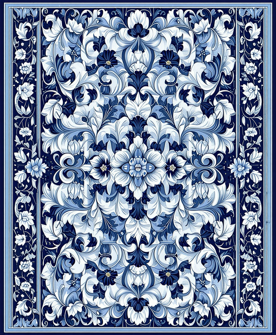 Intricate Floral Blue White Scrollwork Rug