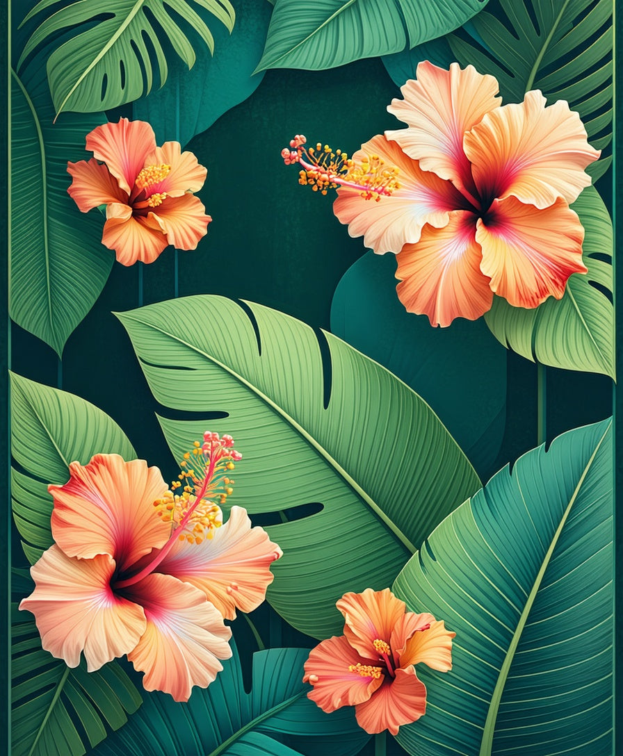 Tropical Hibiscus Floral Leaf Pattern Rug