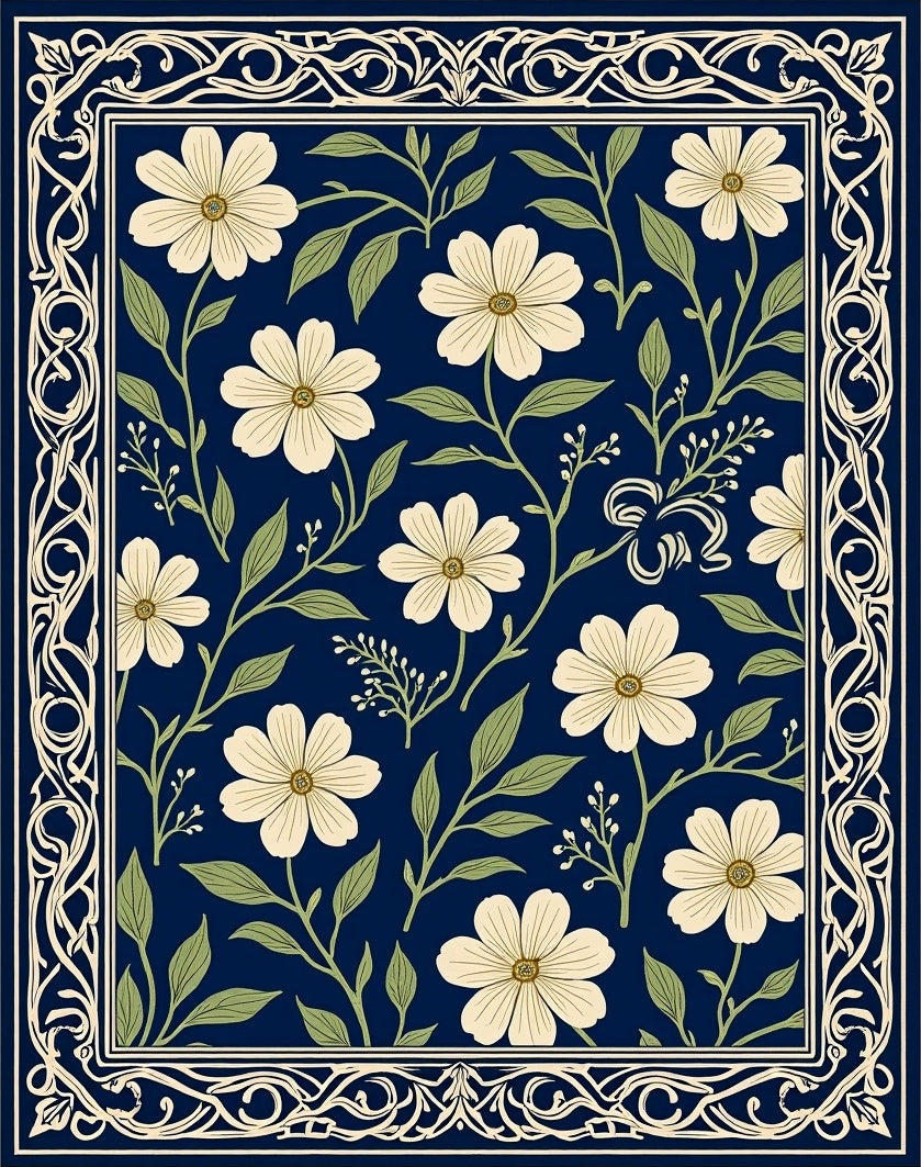 Classic Floral Bordered Navy Rug
