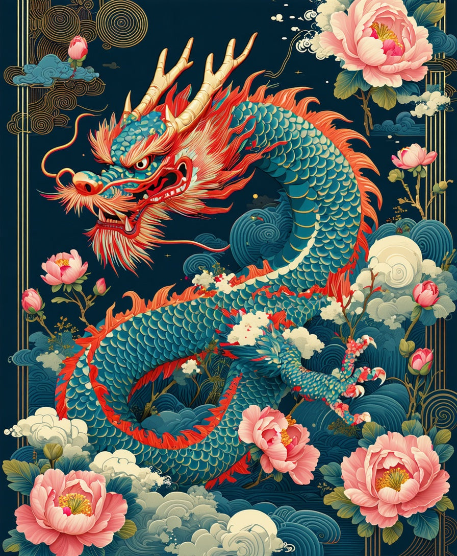 Blue Dragon Pink Peony Floral Pattern Rug