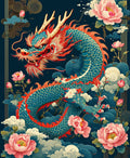 Blue Dragon Pink Peony Floral Pattern Rug