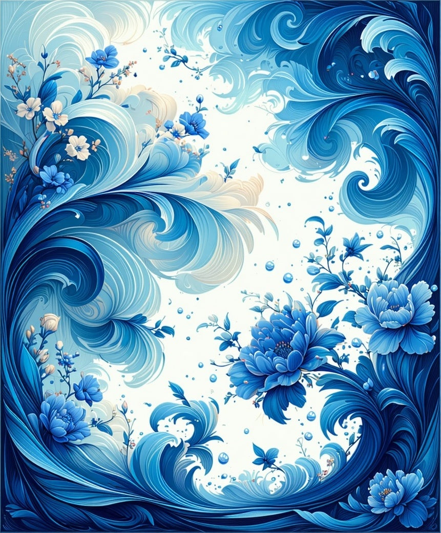 Blue Floral Swirls And Waves Design Rug