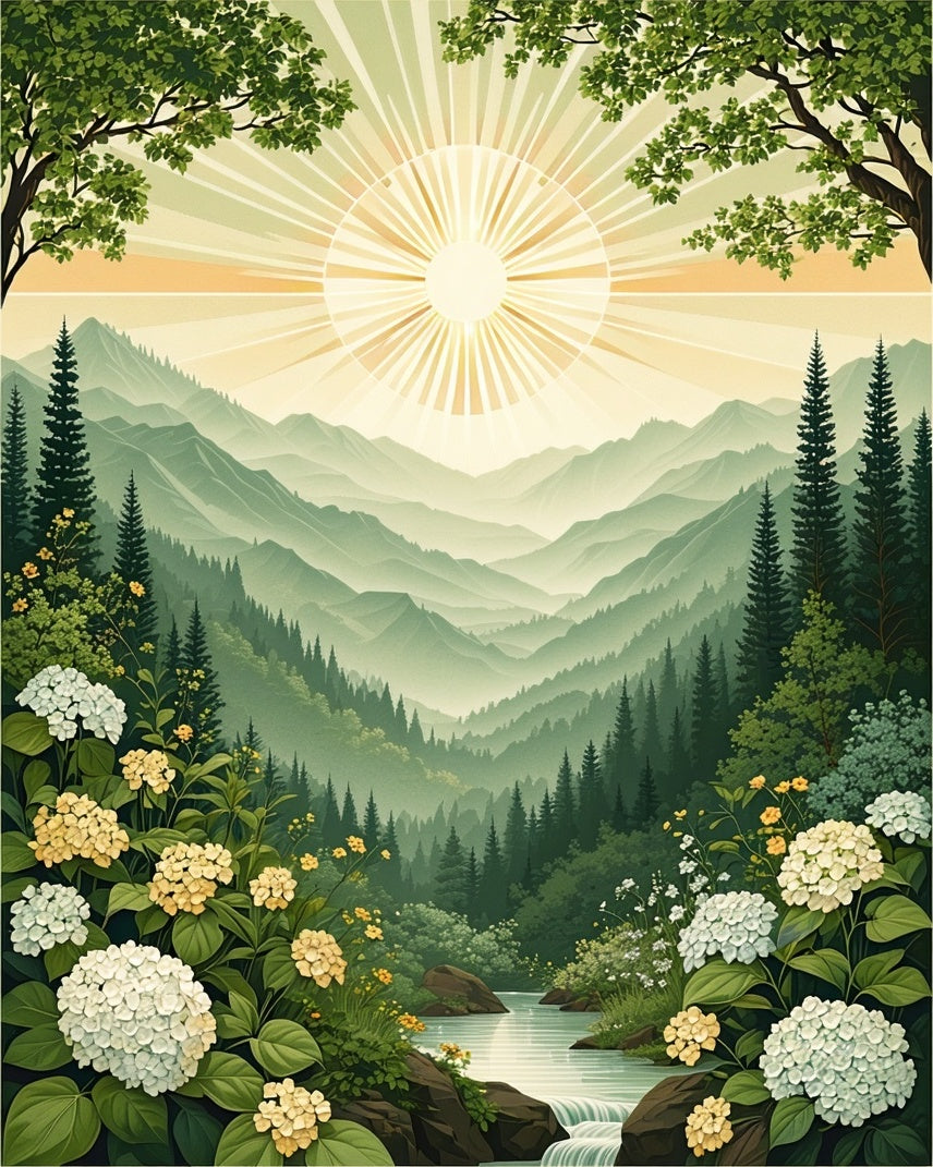 Mountain Sunrise Floral Landscape Rug