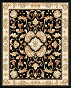 Ornate Floral Scrollwork Black Gold Design Rug