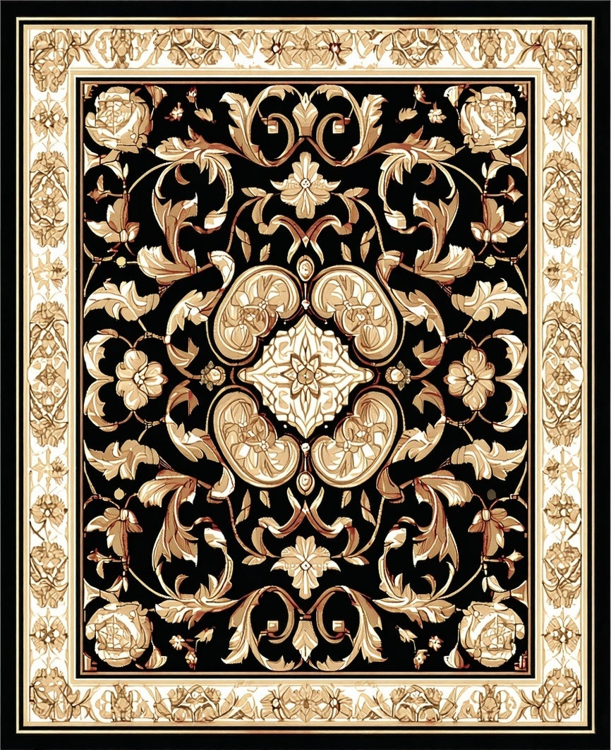 Ornate Floral Scrollwork Black Gold Design Rug