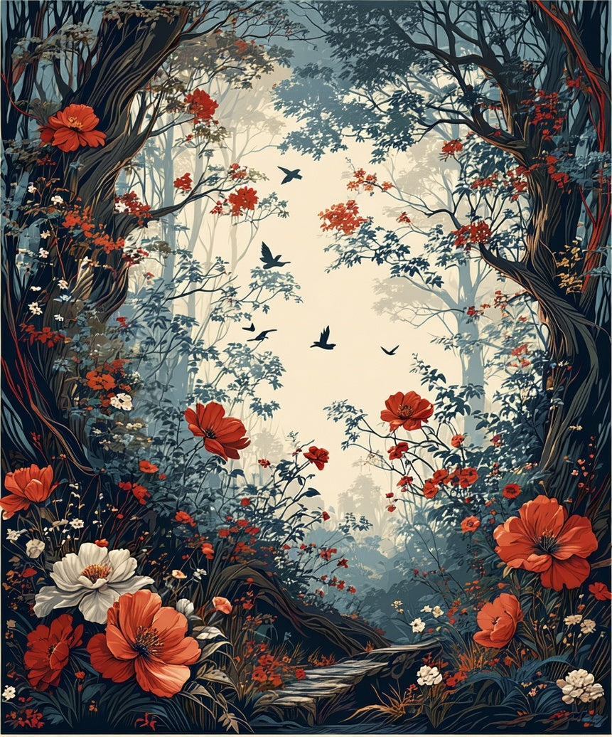 Enchanted Forest Floral Bird Scene Rug