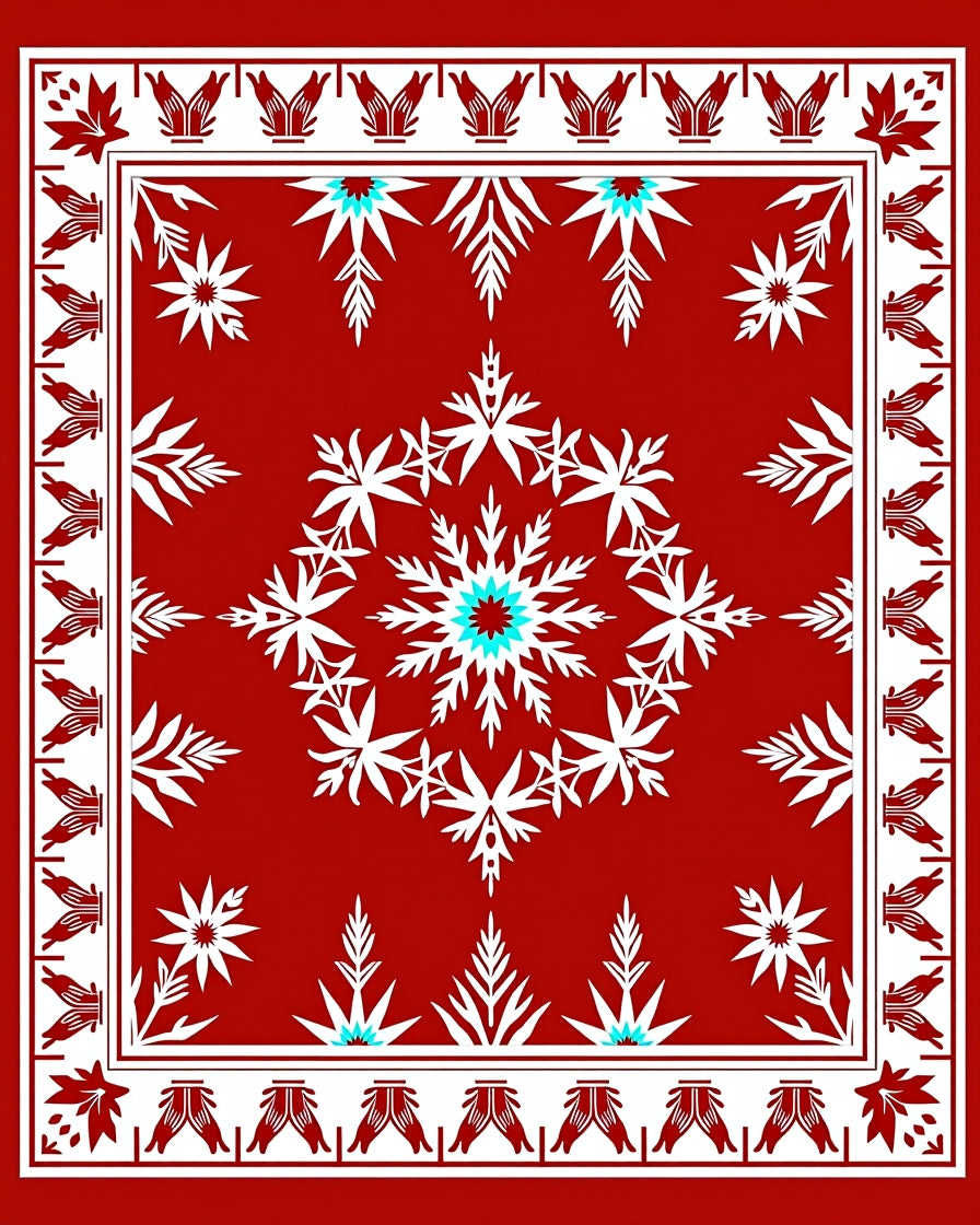 Striking Red White Starburst Motif Rug