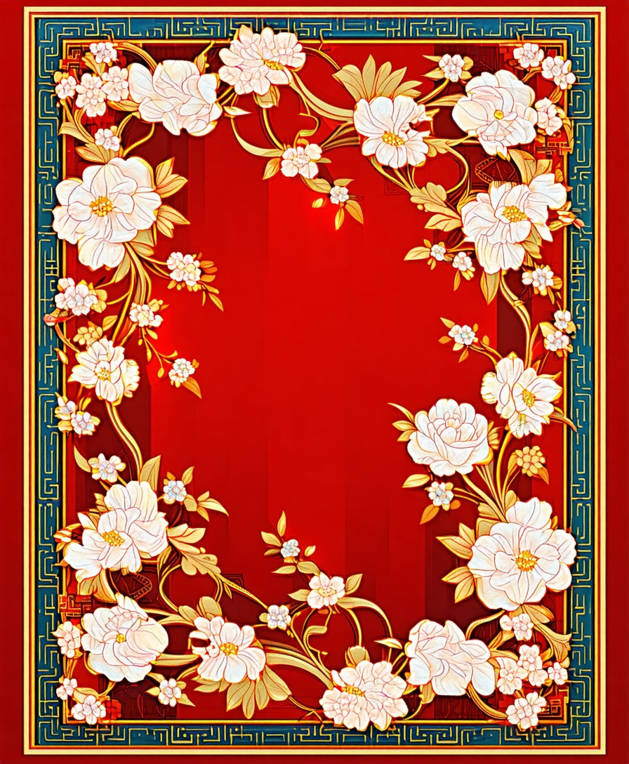 Rich Red Floral Scroll Frame Rug
