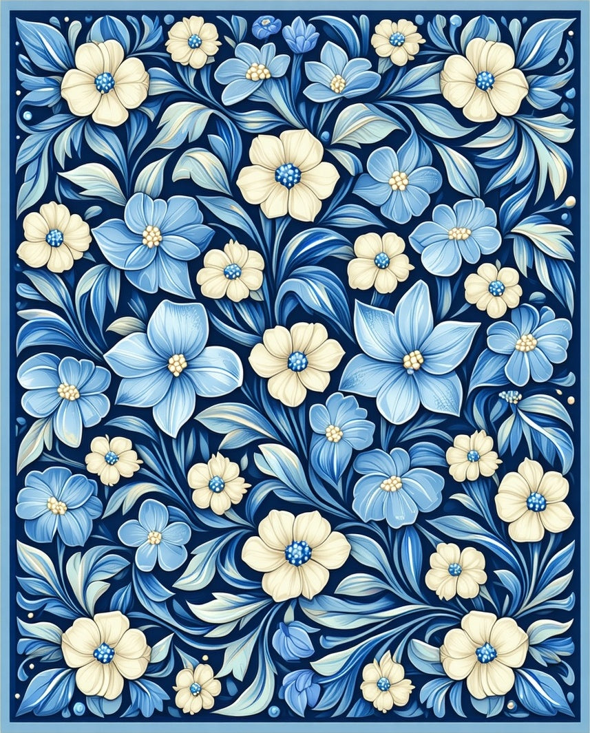 Blue Cream Floral Garden Pattern Rug