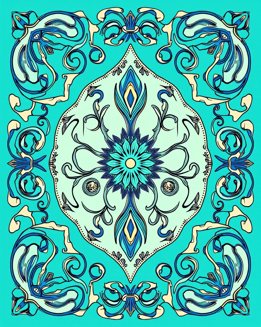 Art Nouveau Teal Floral Swirls Rug