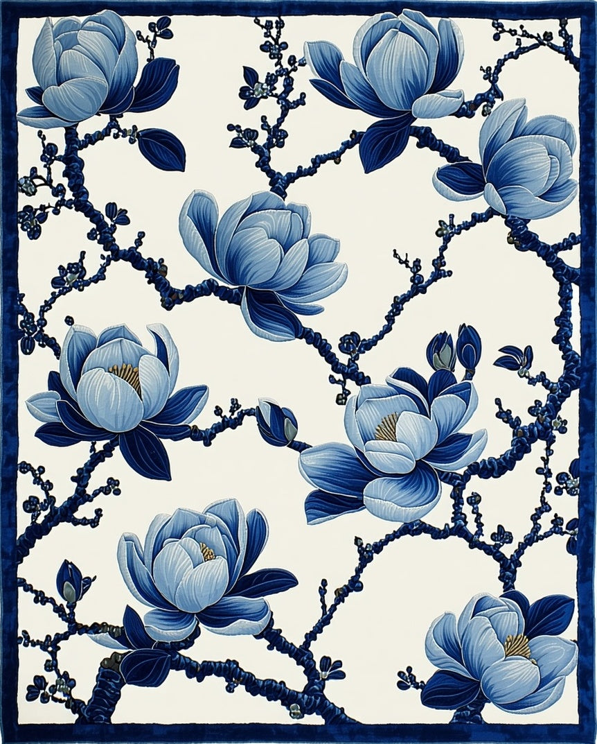 Blue Floral Branch Pattern Rug