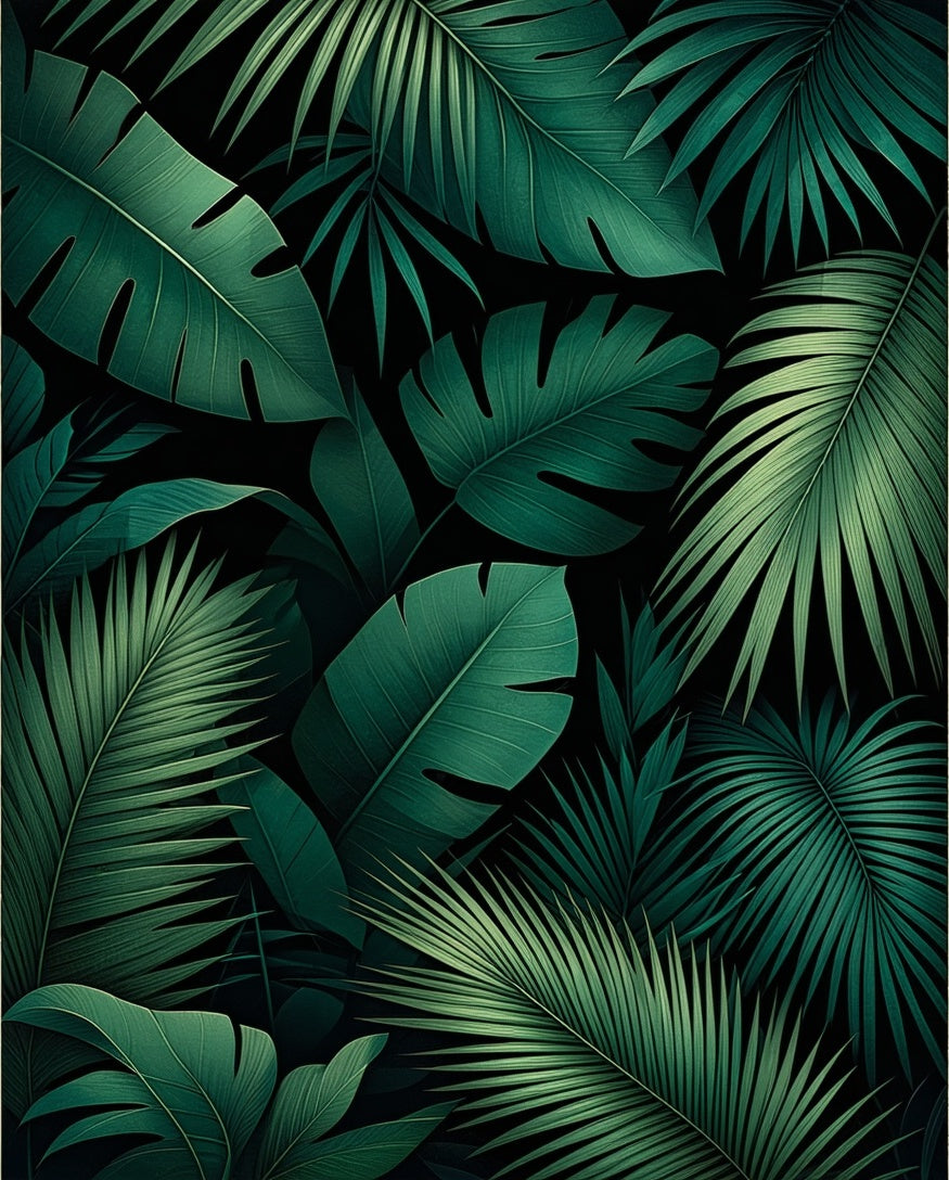 Deep Green Tropical Leaf Pattern Rug