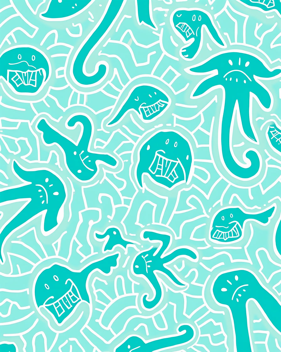 Whimsical Teal Creatures Pattern Rug