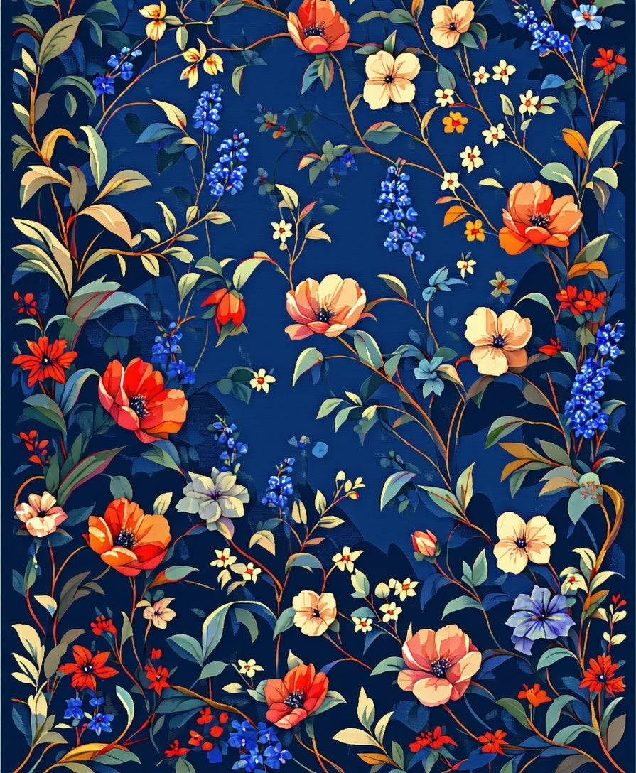 Vintage Floral Pattern on Deep Blue Rug