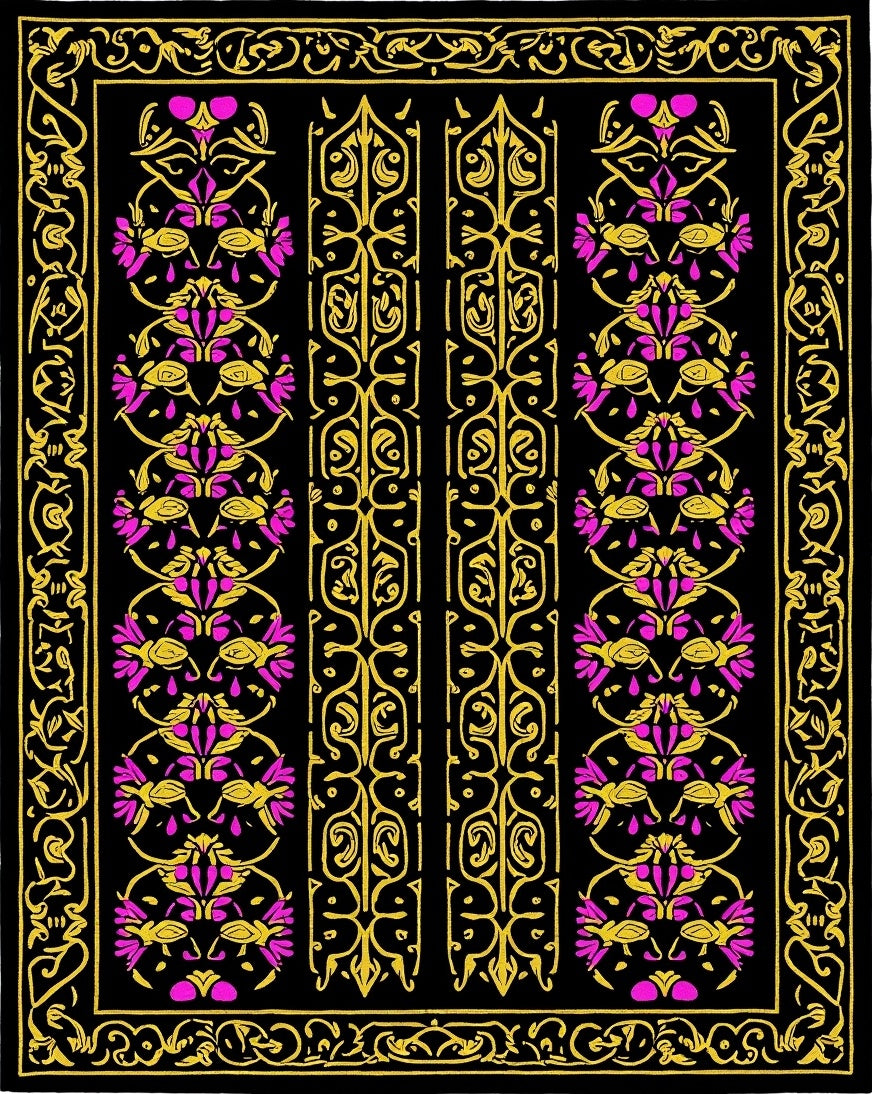 Ornamental Black Gold Pink Floral Pattern Rug