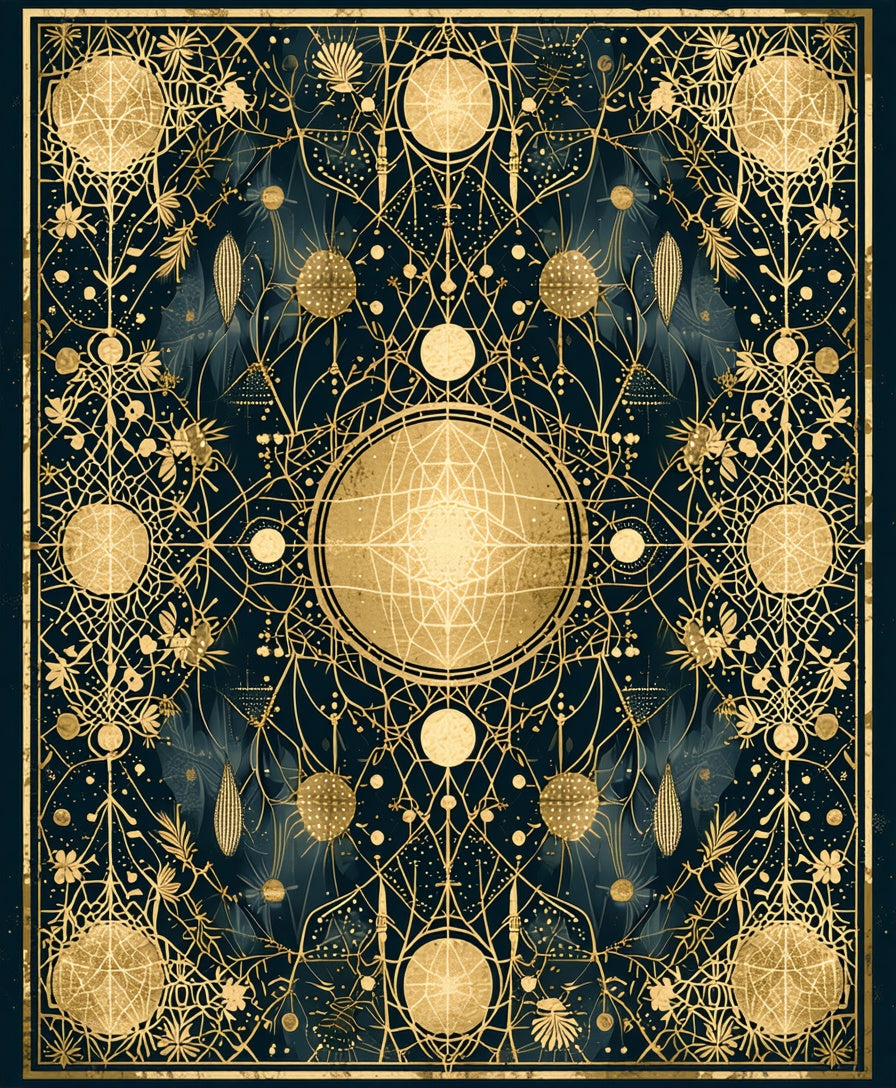 Ornate Celestial Botanical Gold Pattern Rug