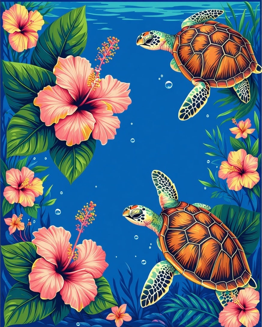 Tropical Sea Turtle Floral Design Rug