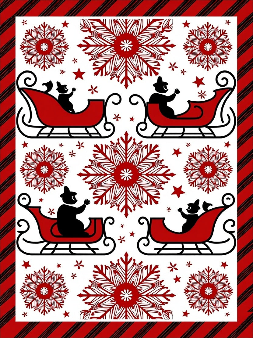 Red Sleigh Snowflakes Winter Border Rug