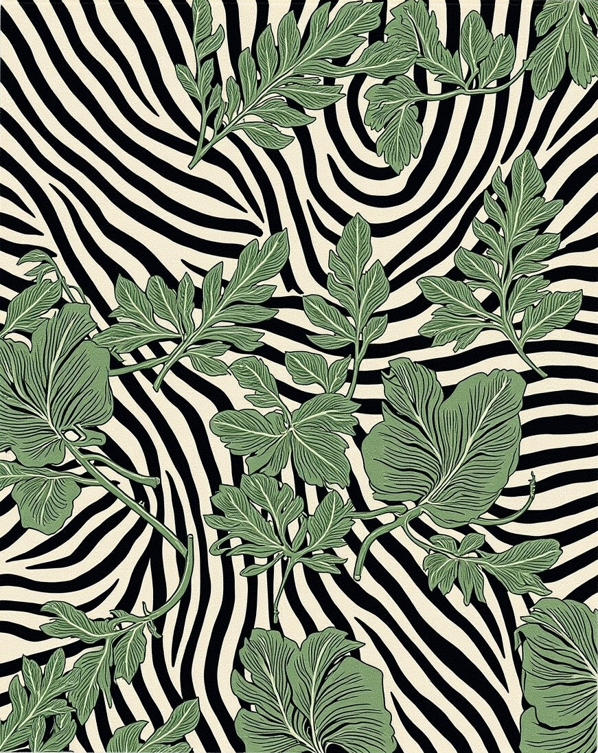 Green Foliage Zebra Print Design Rug