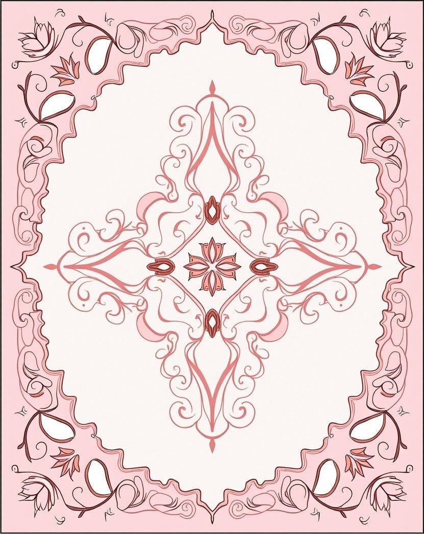 Pink Floral Scrollwork Symmetry Design Rug