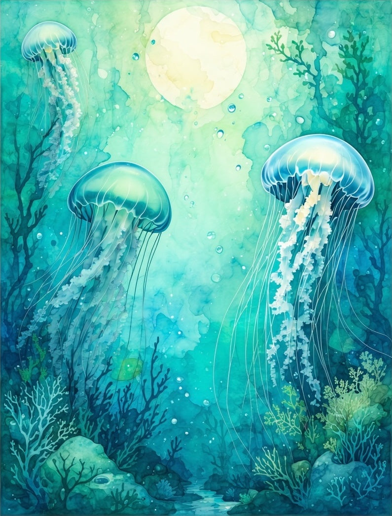 Ocean Jellyfish Watercolor Scene Rug