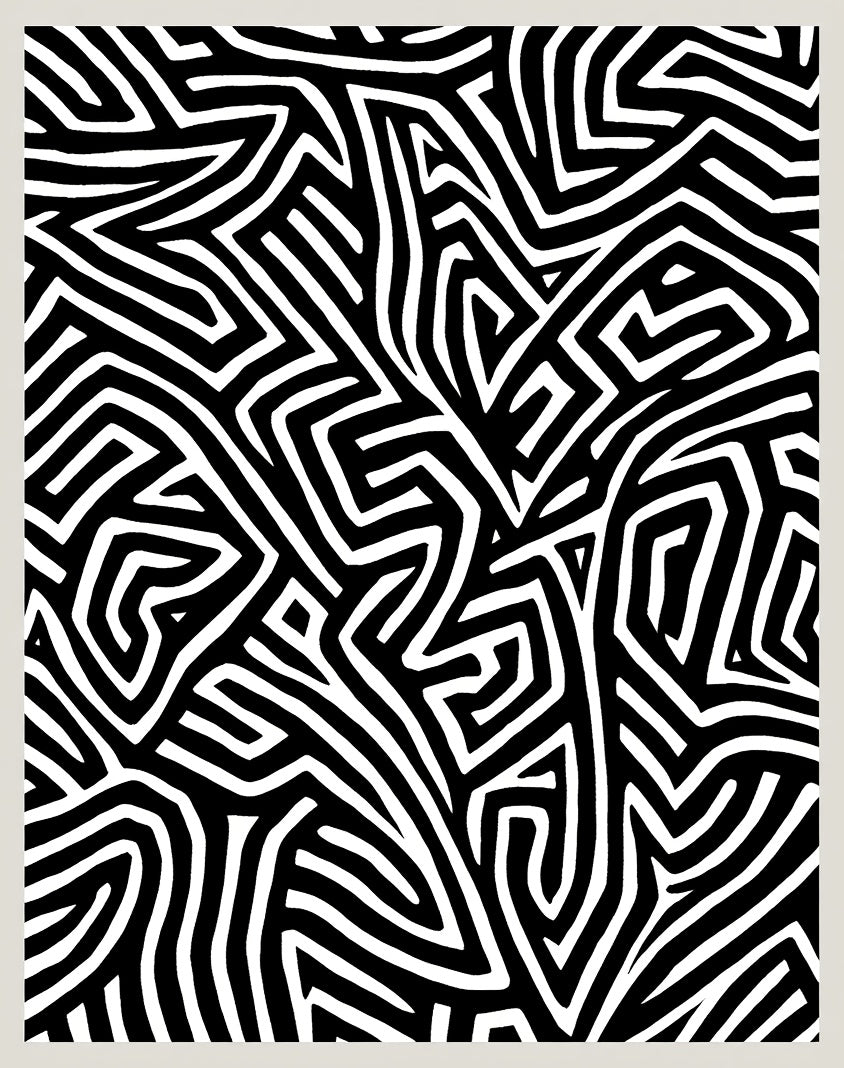 Abstract Black White Maze Pattern Rug