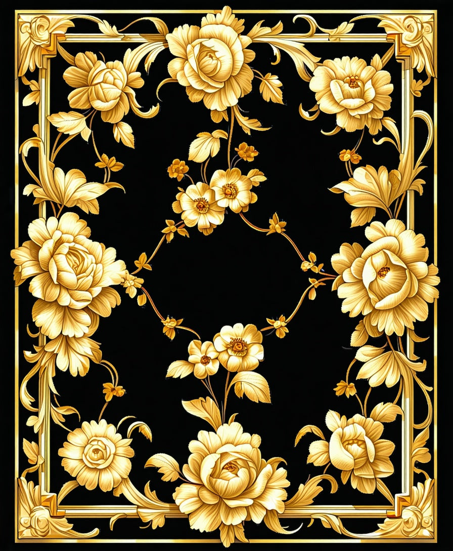 Ornate Gold Floral Scroll Pattern Rug