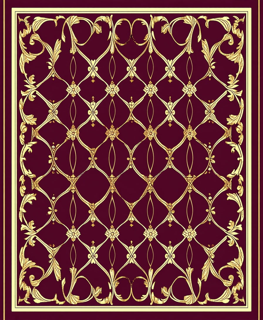 Rich Burgundy Gold Scrollwork Pattern Rug