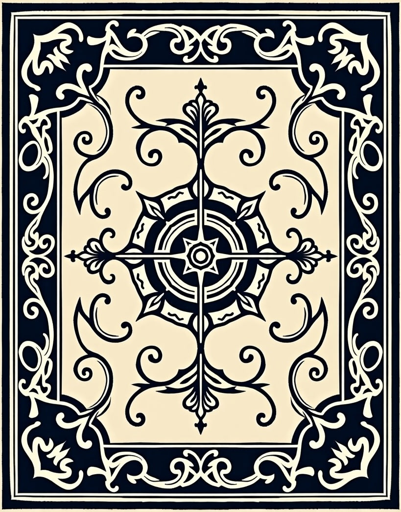 Cream Navy Scrollwork Medallion Rug