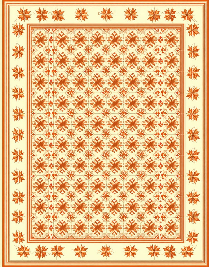 Orange Flower Patterned Rustic Rug