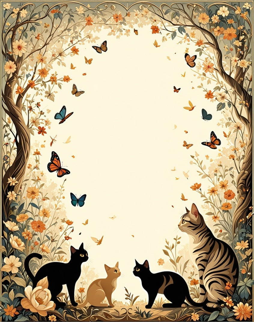 Whimsical Cats Butterflies Floral Scene Rug