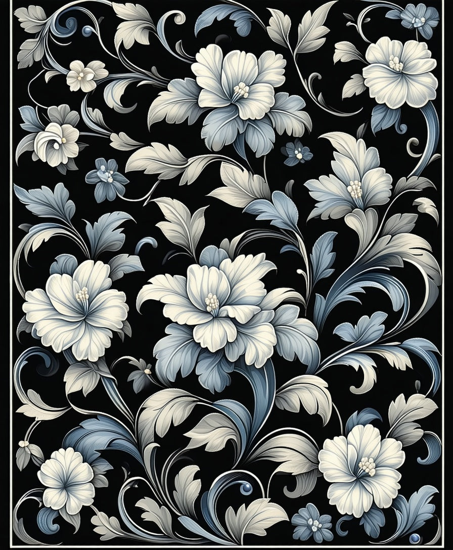 Black White Floral Art Nouveau Rug