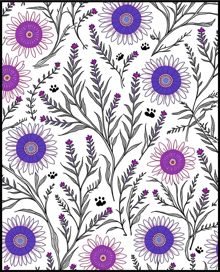 Whimsical Floral Paw Print Pattern Rug