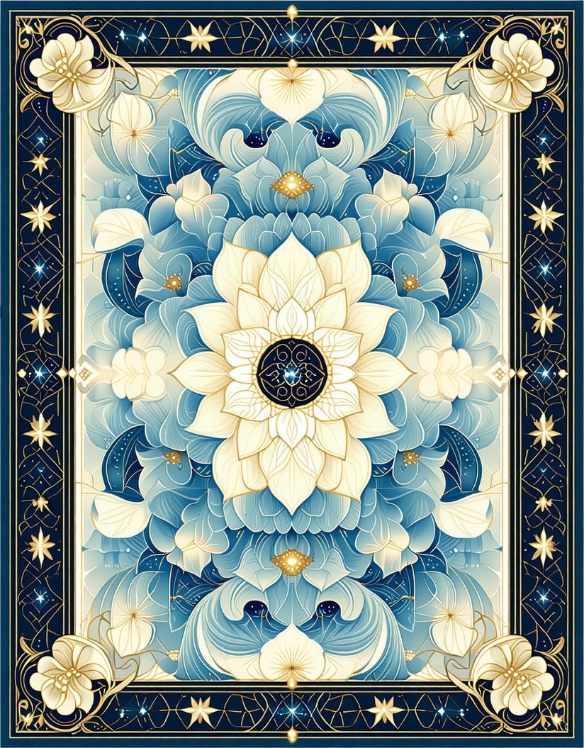 Floral Mandala Inspired Blue and Gold Design Rug