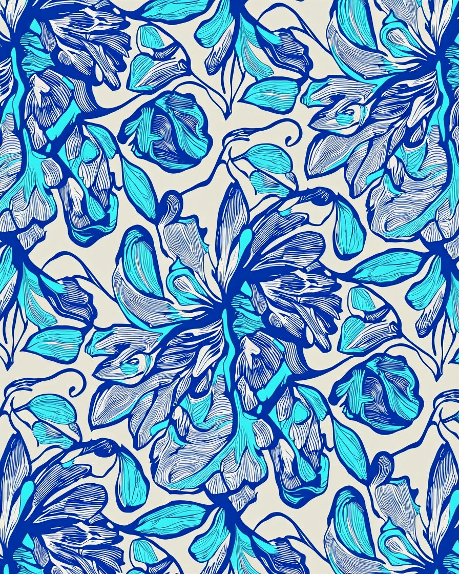Blue White Floral Sketch Area Rug