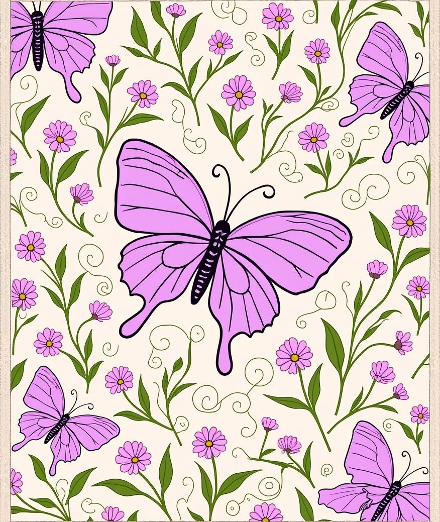 Purple Butterflies Floral Swirls Pattern Rug