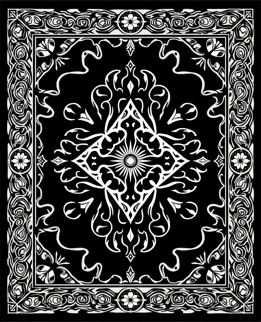 Classic Black White Floral Damask Rug