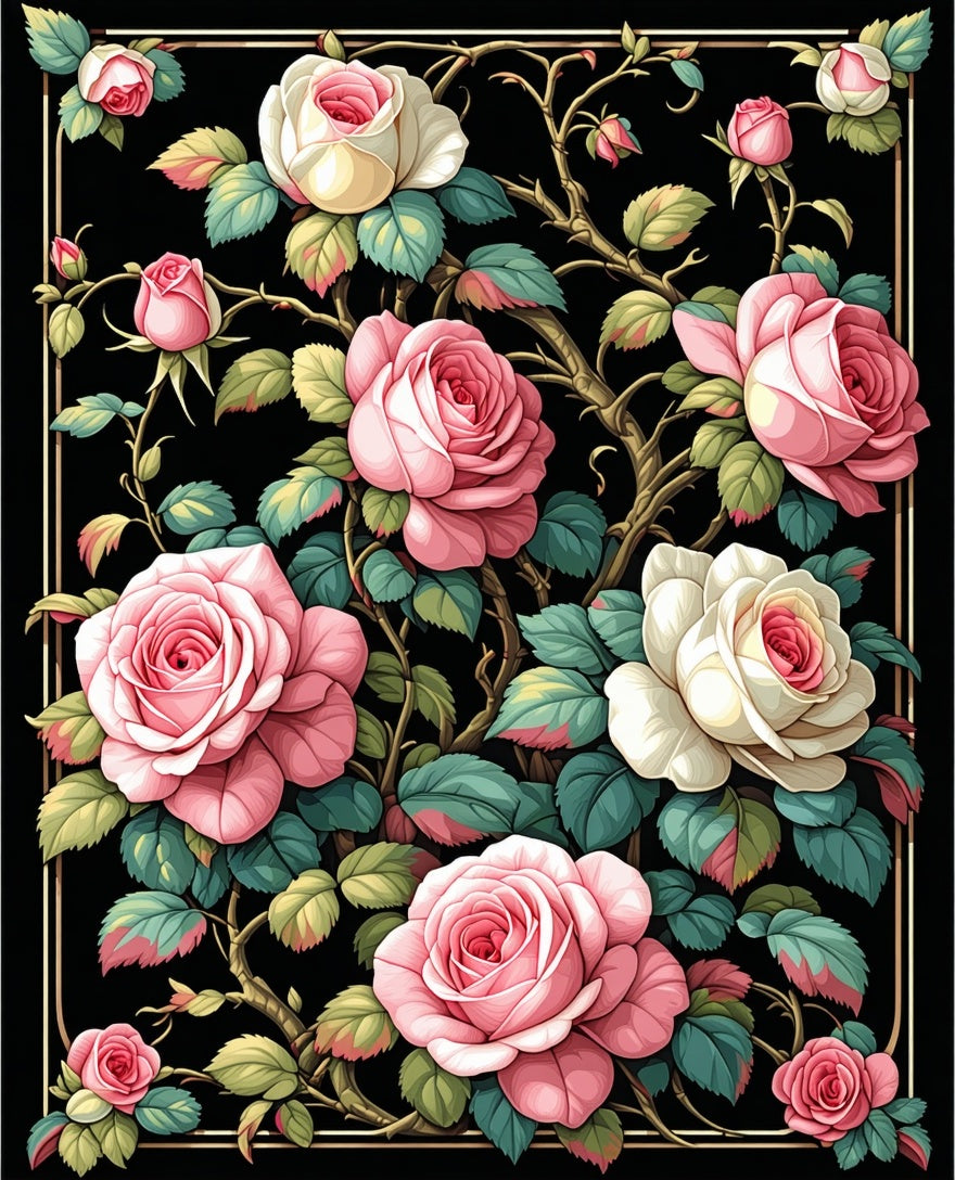 Vintage Rose Floral Black Pattern Rug
