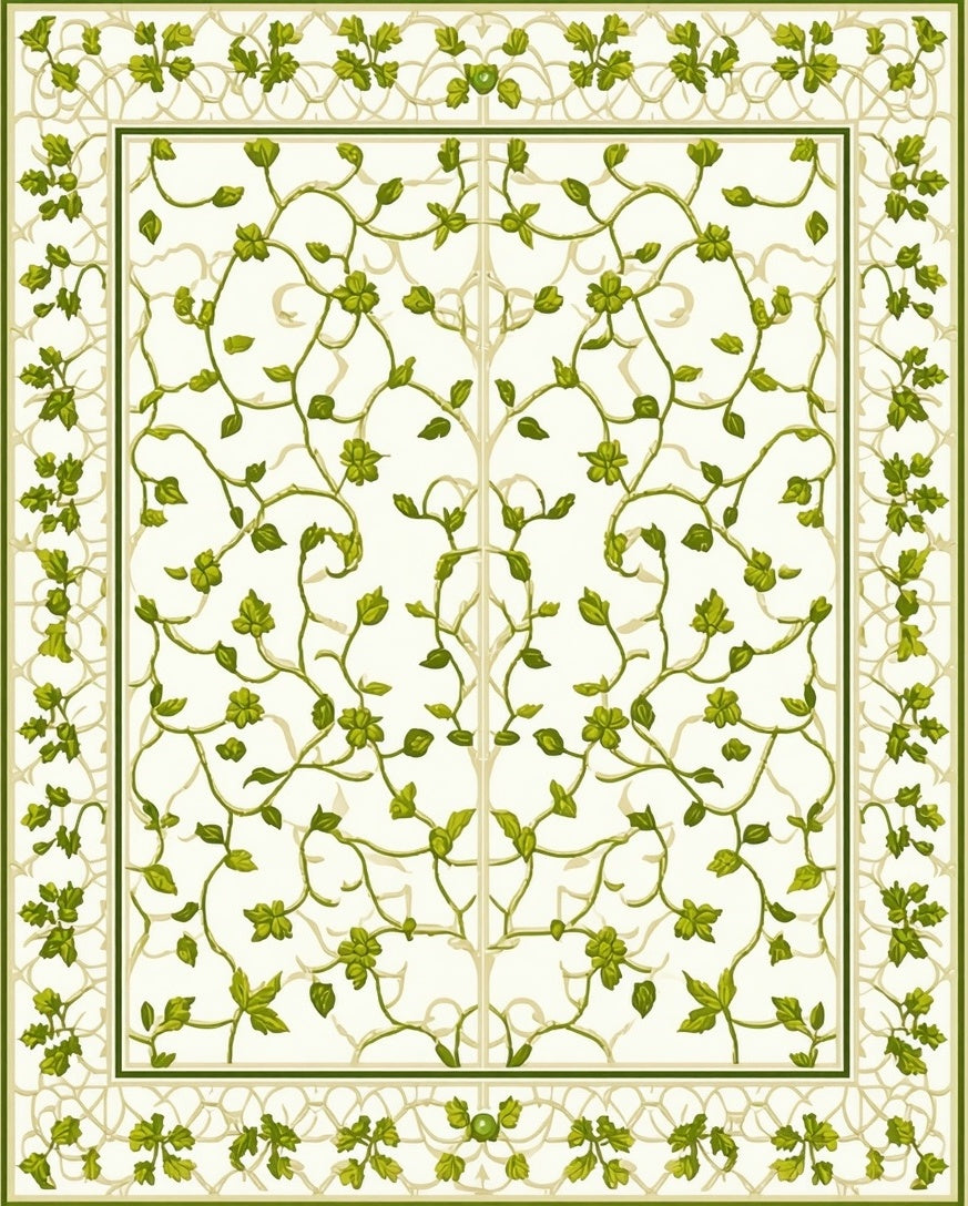 Green Vine Floral Intricate Border Rug