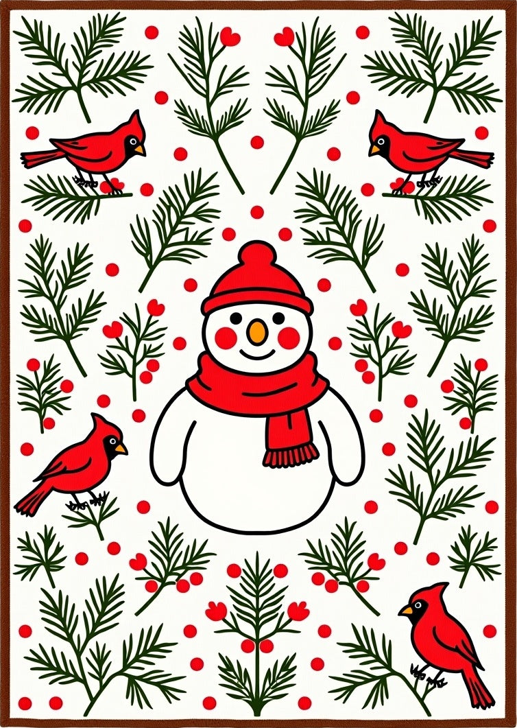 Charming Snowman Red Cardinal Folklore Rug