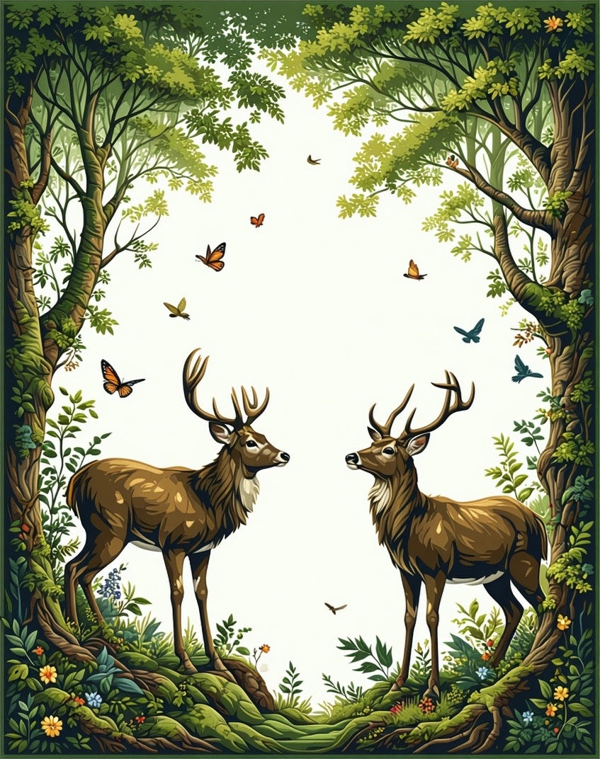 Whimsical Forest Deer Butterfly Pattern Rug