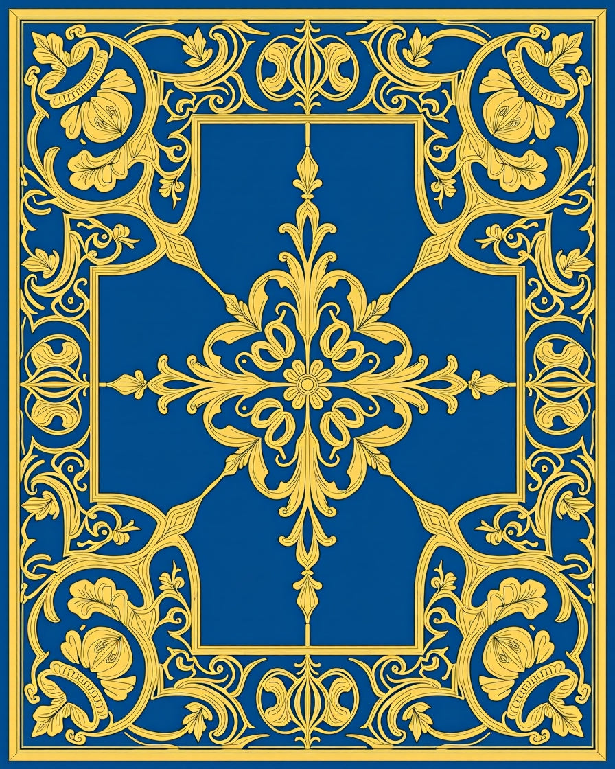 Royal Blue Golden Floral Scrollwork Rug